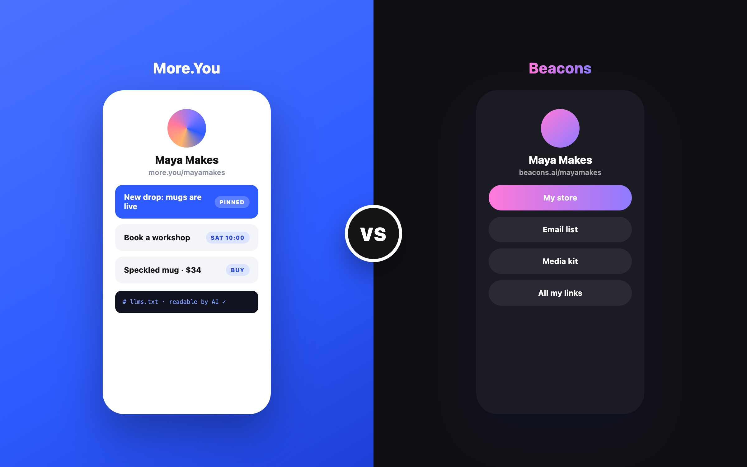 A More.You page side by side with a Beacons-style page
