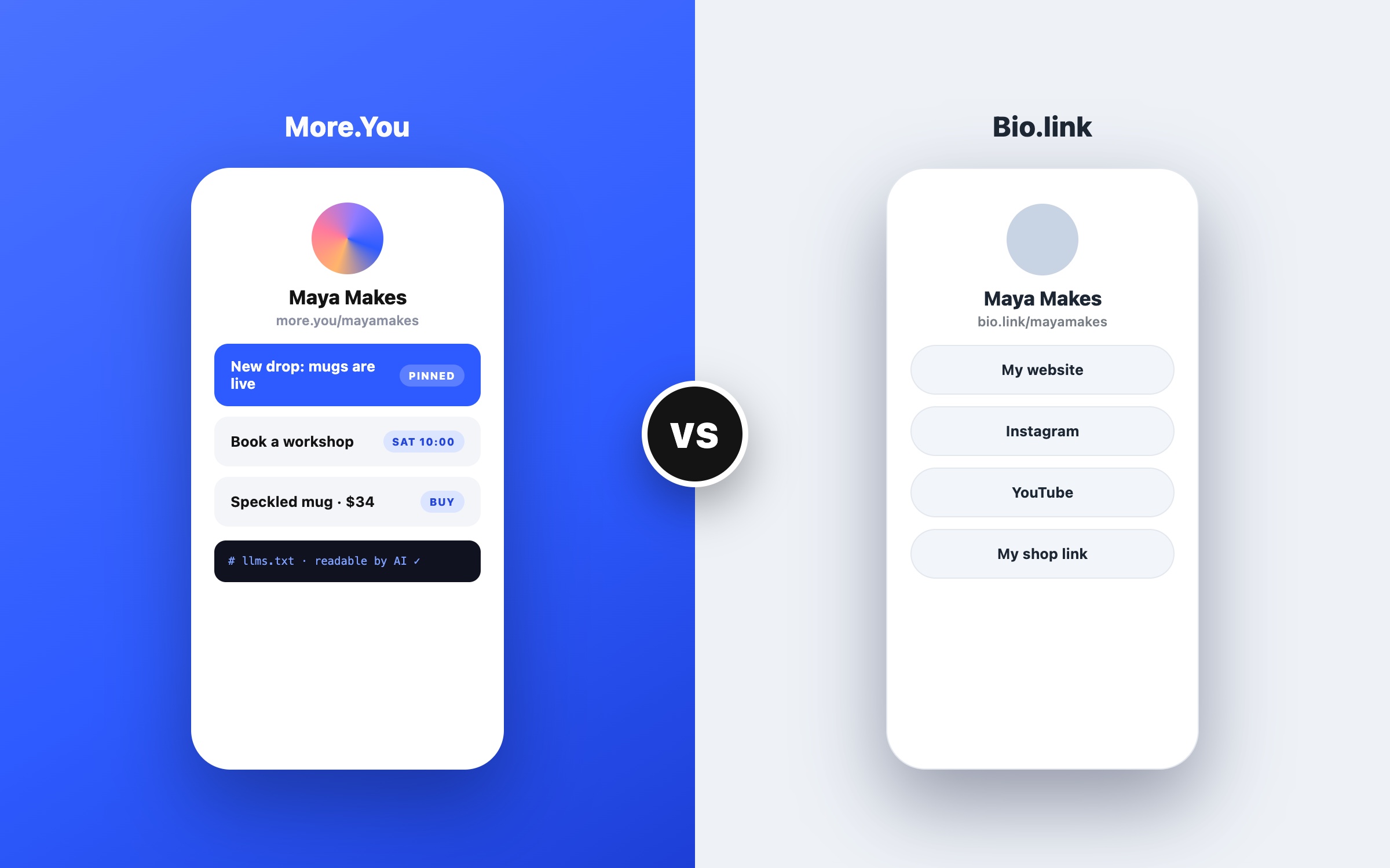 A More.You page side by side with a Bio.link-style page