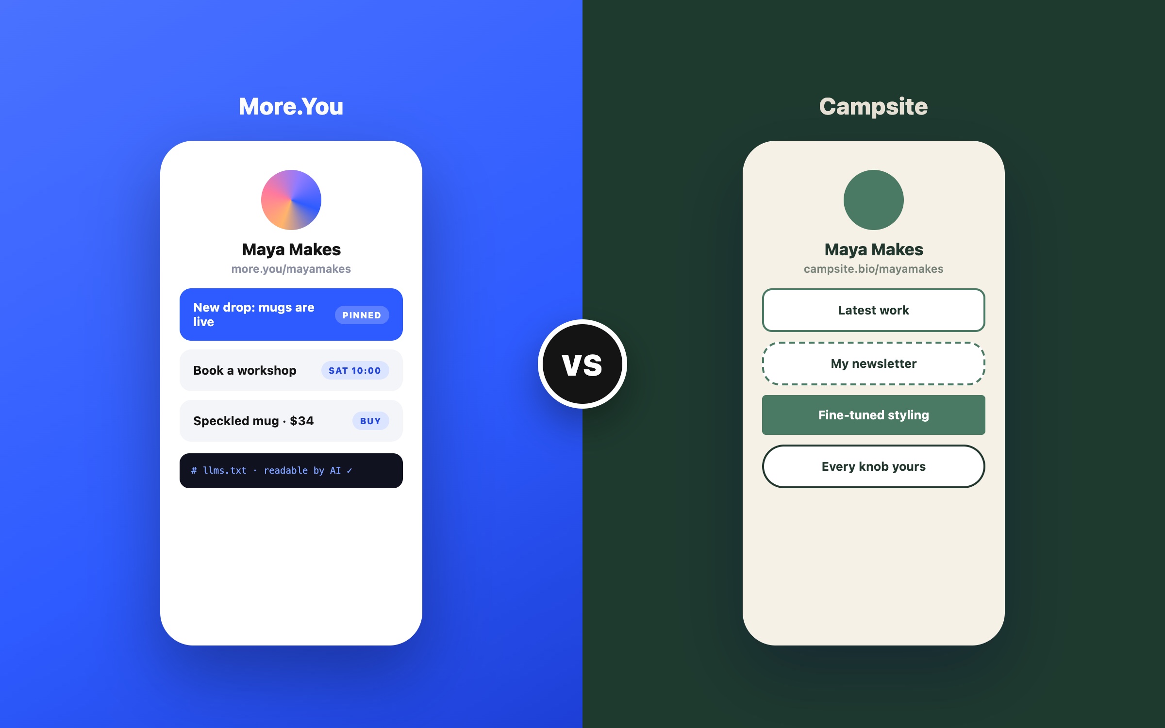 A More.You page side by side with a Campsite-style page