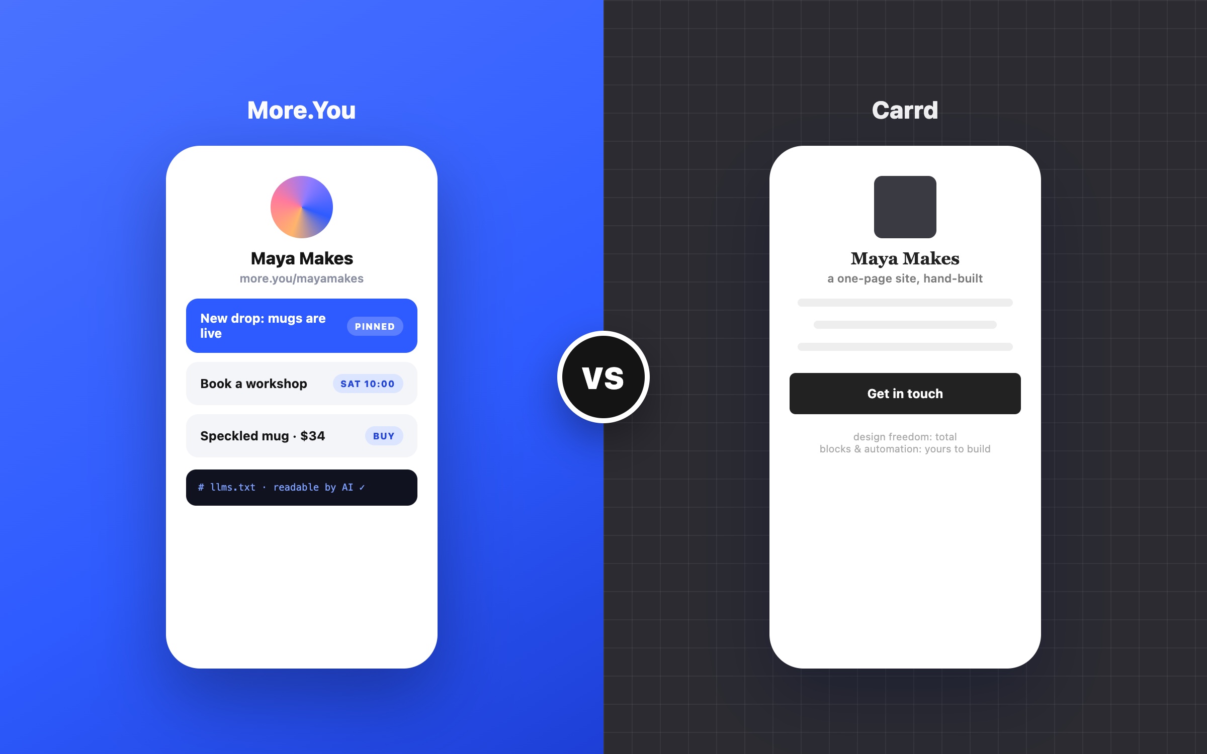 A More.You page side by side with a Carrd-style page