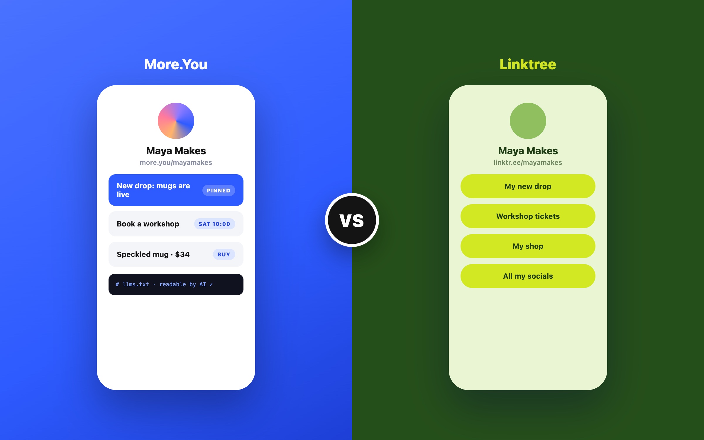 A More.You page side by side with a Linktree-style page