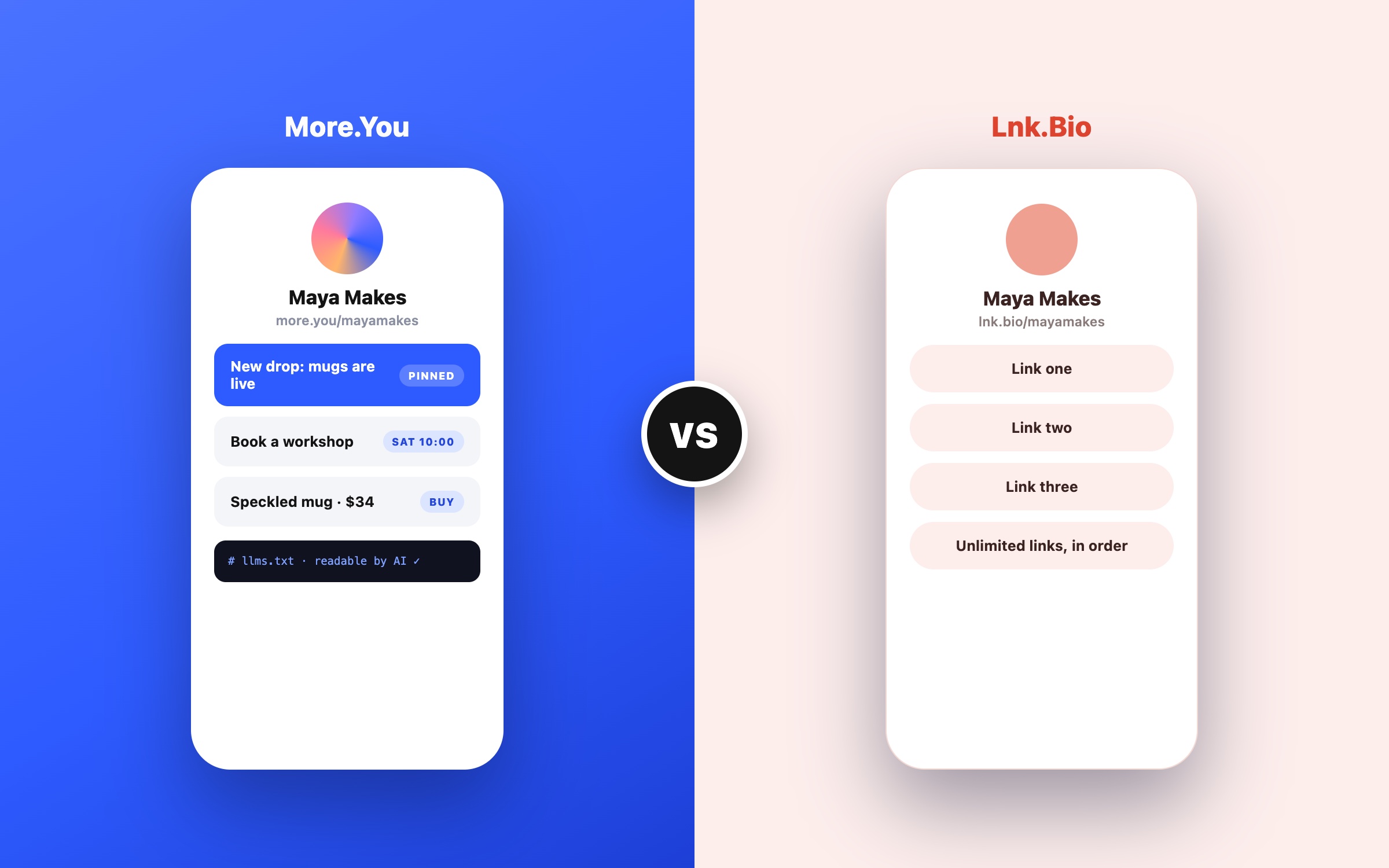 A More.You page side by side with a Lnk.Bio-style page