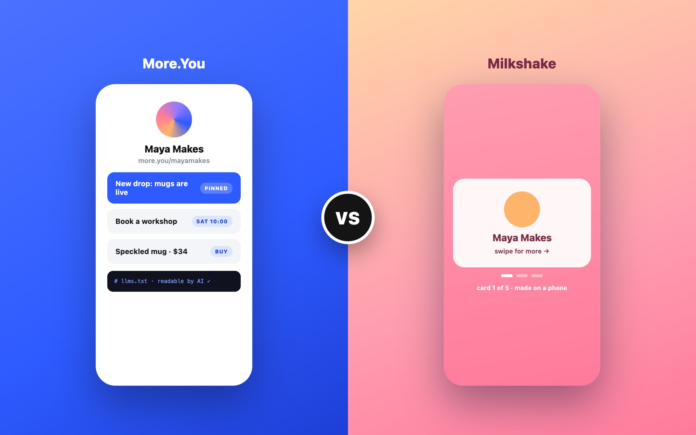 A More.You page side by side with a Milkshake-style page