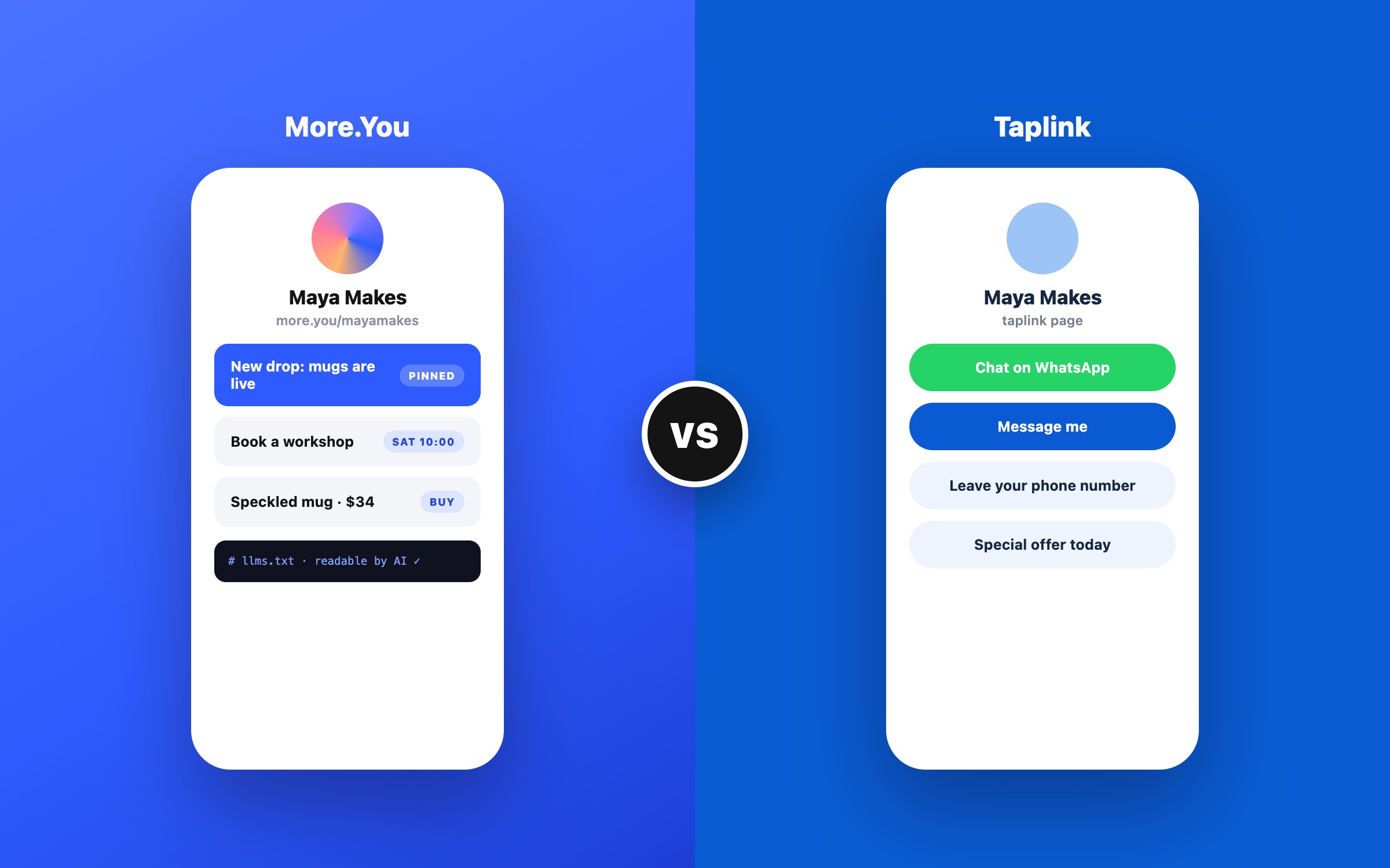 A More.You page side by side with a Taplink-style page