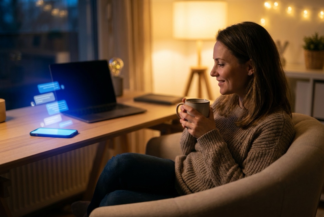 Creator relaxing with coffee while her AI double answers a chat on her phone