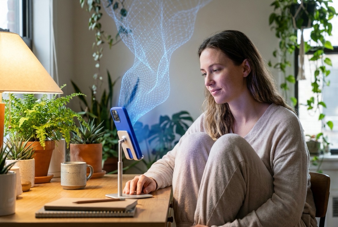 Creator watching structured light rise from her phone in a plant-filled studio