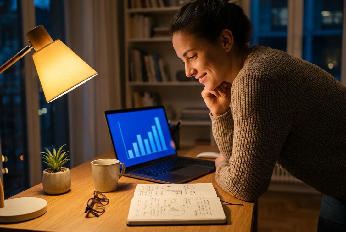 Creator reviewing rising charts on her laptop in the evening