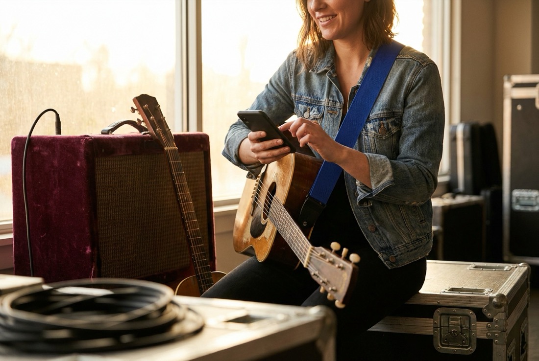 Musician backstage at golden hour setting her phone down after posting