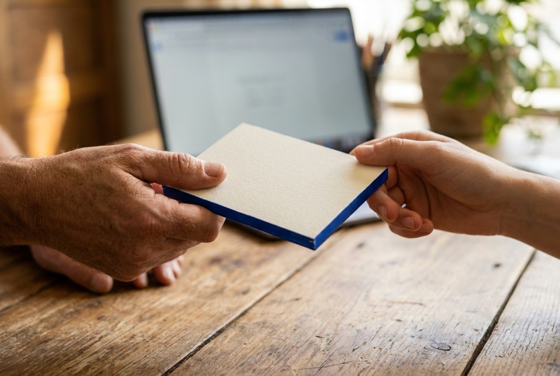 Hands exchanging a premium business card with cobalt edge over a studio table