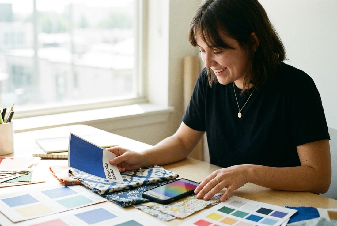Designer choosing color swatches for her brand at a bright desk