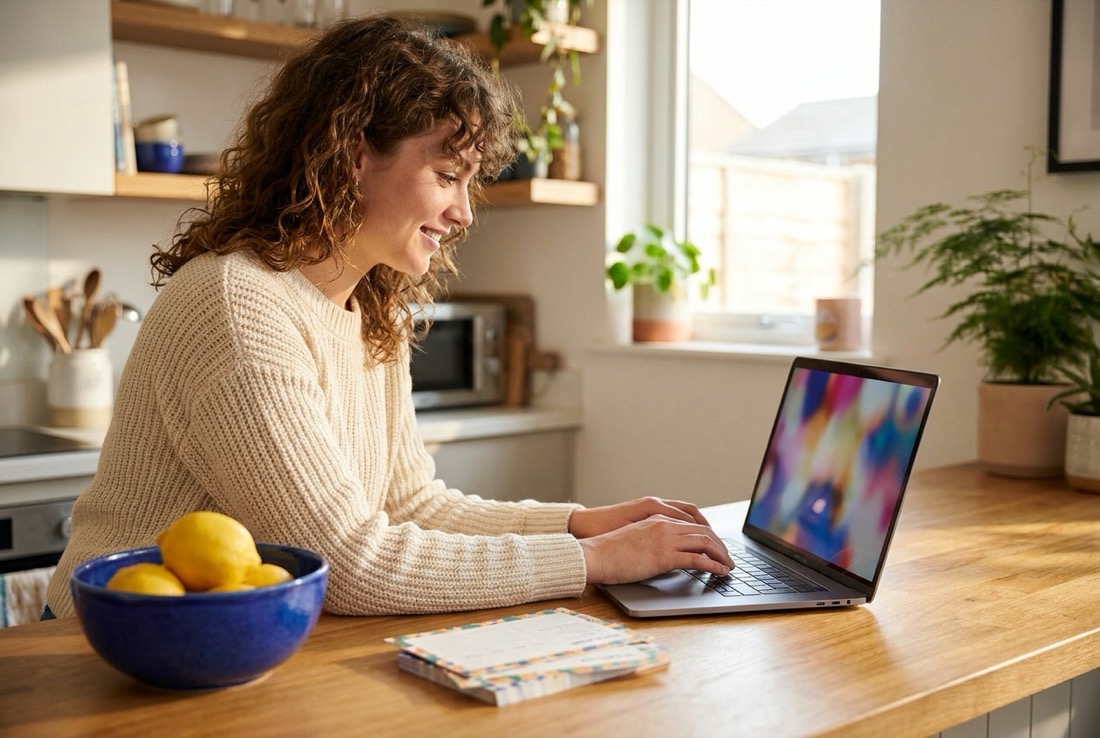 Food creator writing a newsletter to her subscribers at her kitchen counter