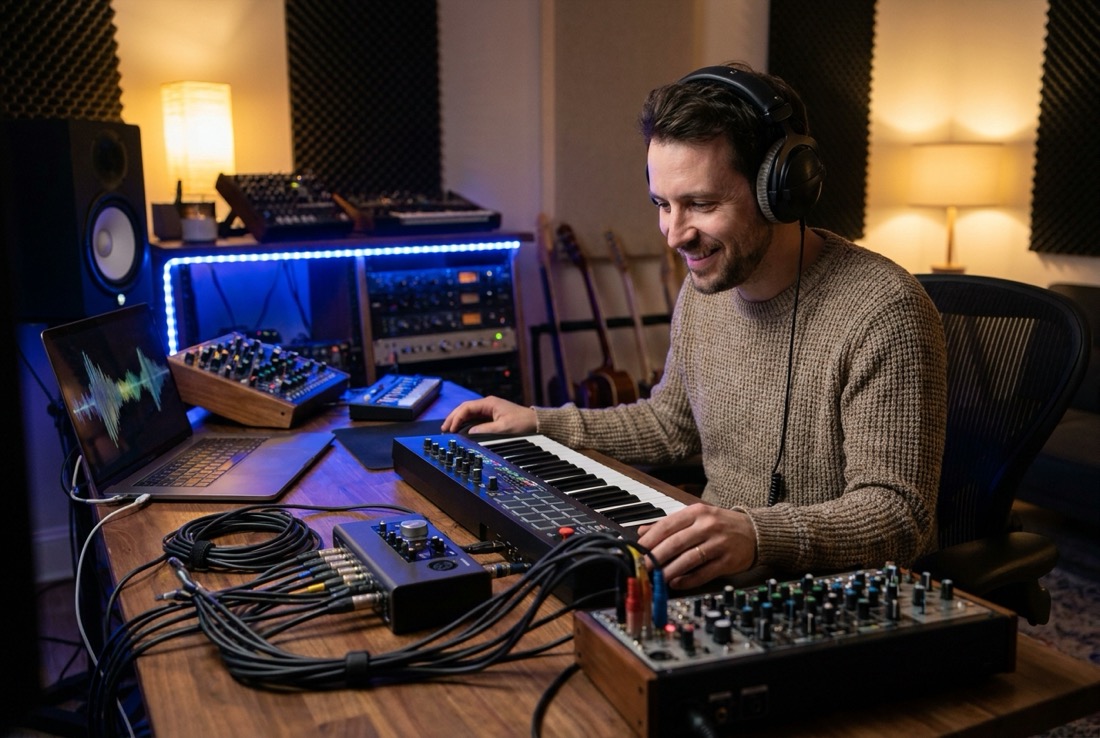 Music producer at a home studio desk with connected gear glowing cobalt