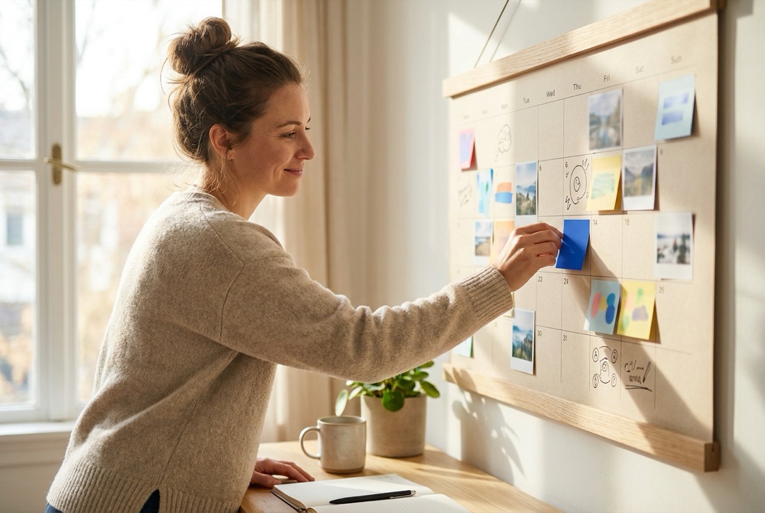 Creator placing a cobalt sticky note on a wall calendar while planning her week