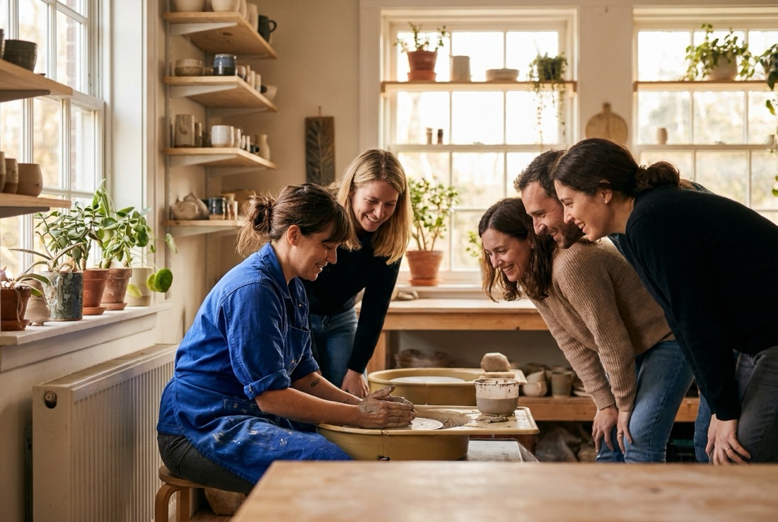 Potter hosting an intimate workshop with engaged members around her table