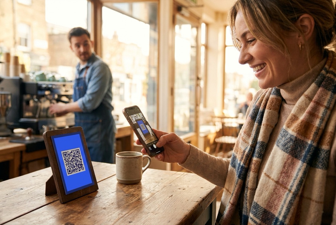 Cafe customer scanning a QR code card with her phone