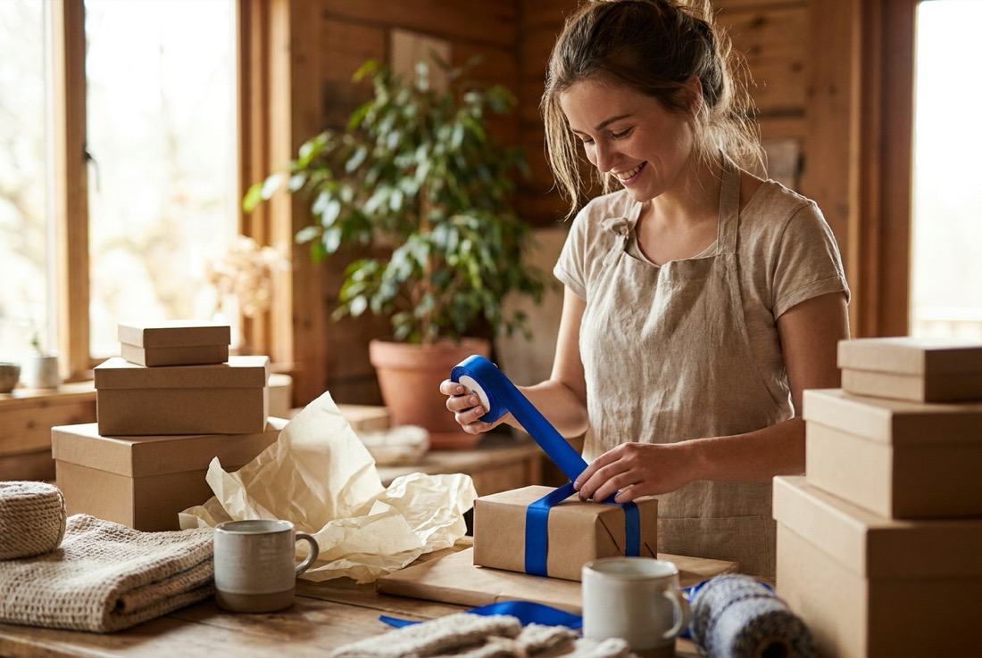 Maker packing online orders with kraft boxes and cobalt ribbon in her studio