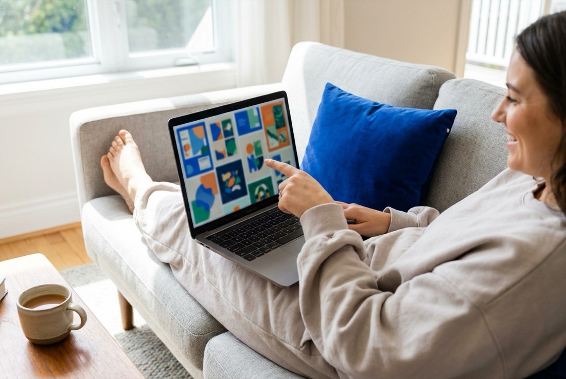 Creator on a couch browsing a gallery of page layouts on her laptop
