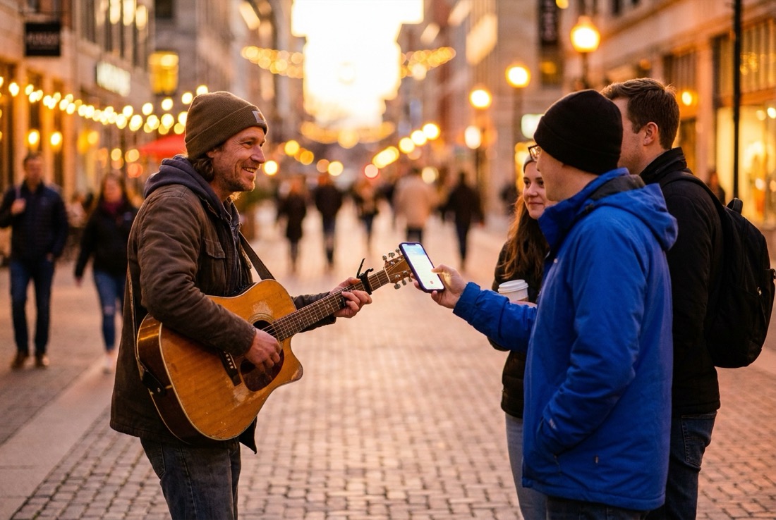Street musician at dusk with a listener holding up a phone to support him